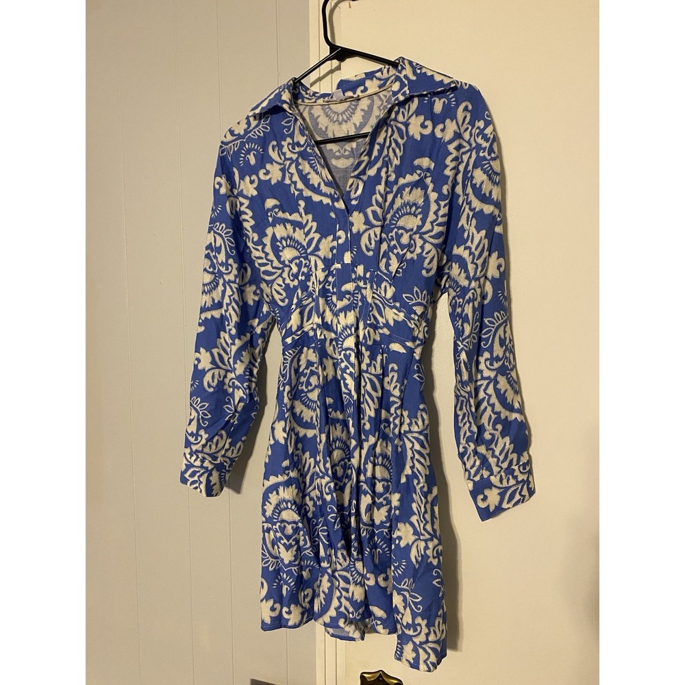 THML Women's Floral Blue White Color Midi Dress Size XS Long Sleeve V Neck